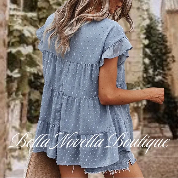 Blue Swiss Dot Tiered Blouse - Picture 5 of 8